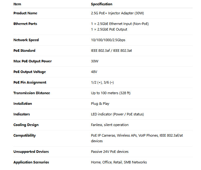 2.5G PoE+ Injector Adapter (30W) | AC110-240V - DC52V