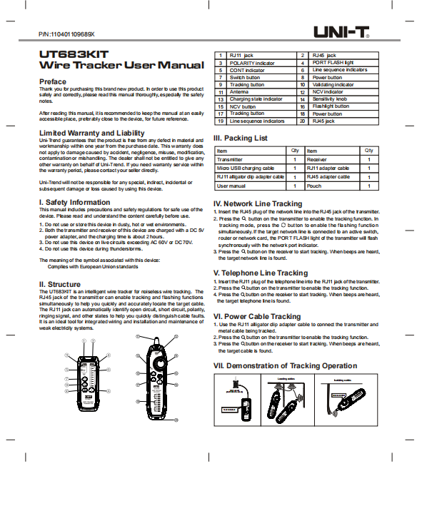 Wire Tracker RJ45 RJ11 NCV Indicator Cable Tracker | CT-UT683KIT | UNI-T