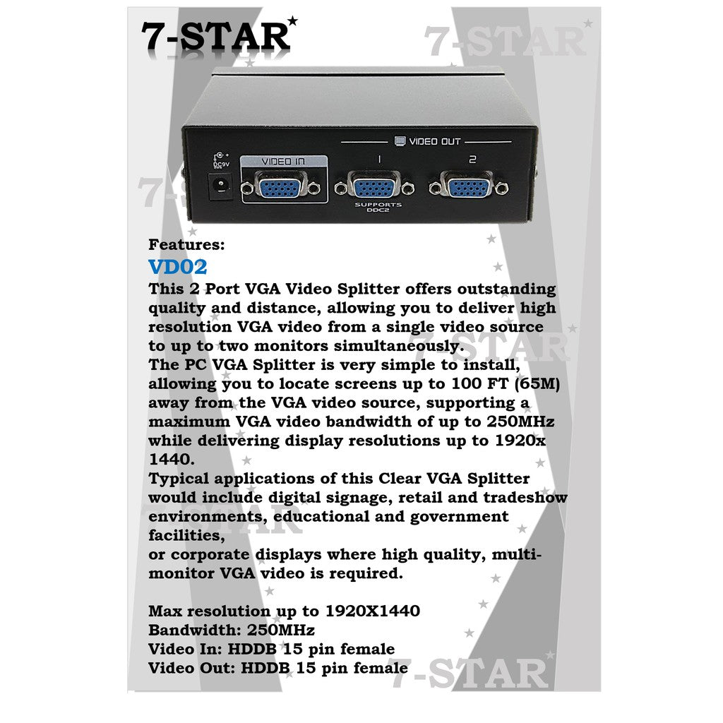 2-Way VGA Splitter | Distributes Video to LCD, PC, Projector Screens, 250MHz | VD02