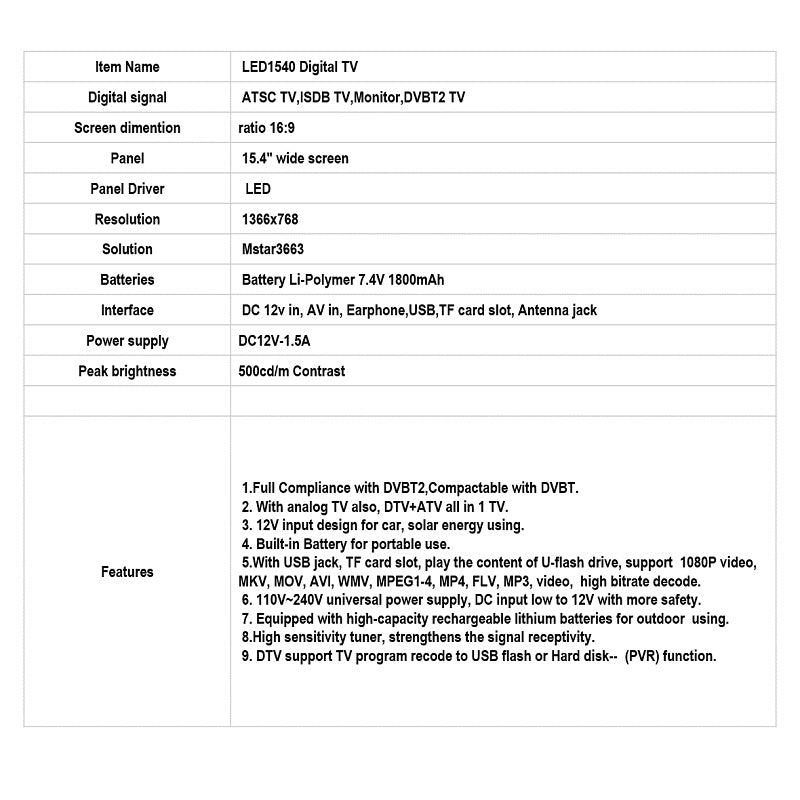 15.4” TFT-LED TV Portable Player, DVBT-T2, HDMI/USB/SD | LED1540