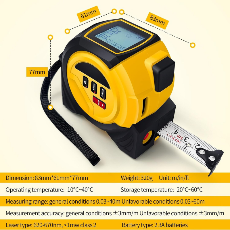 3-in-1 Laser Tape Measure 60M + 5M + Angle Display | PDMT-360