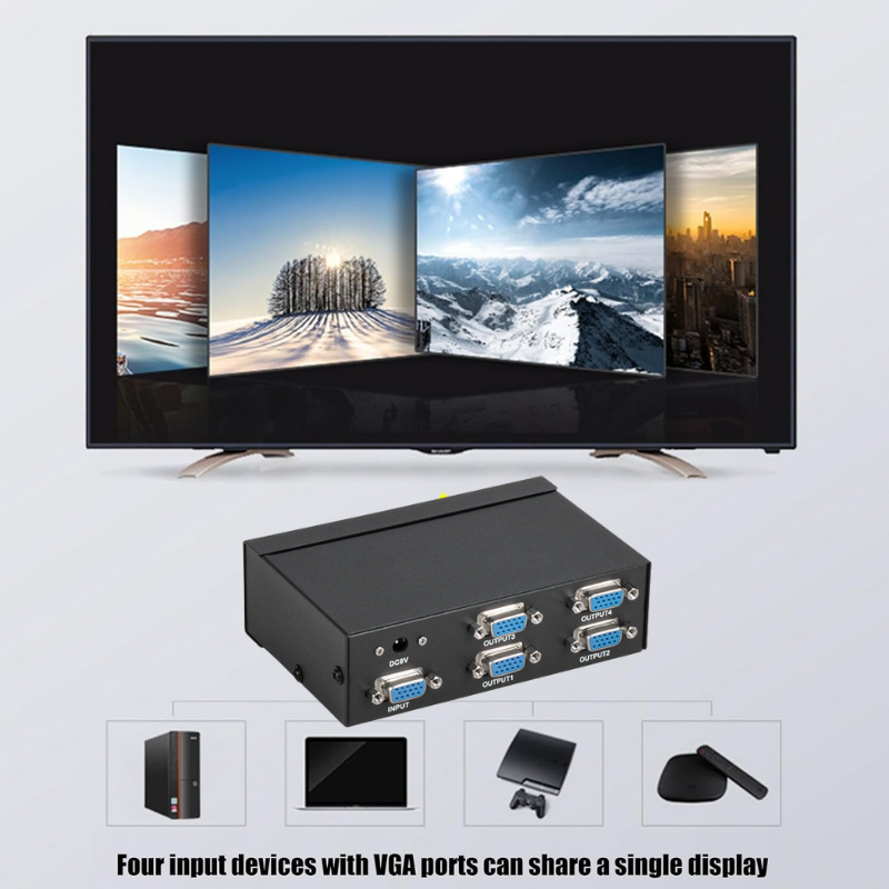 4-Way VGA Splitter | Distributes Video to LCD, PC, Projector Screens, 250MHz | VD04