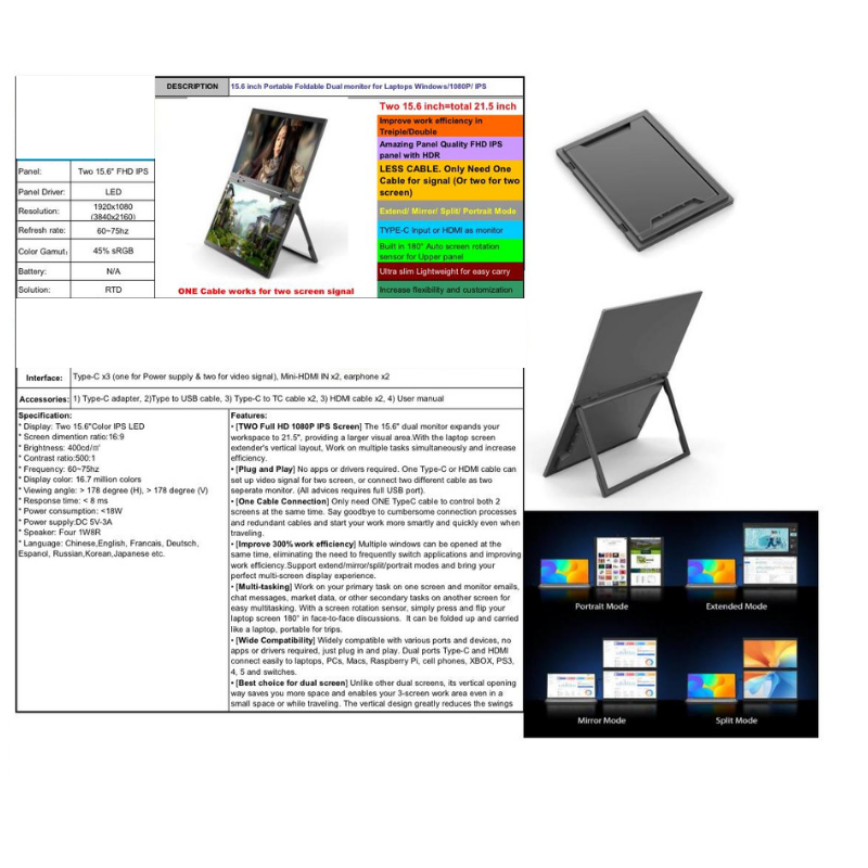 15.6" Portable Dual Screen IPS Monitor, Type-C, Mini HDMI, Earphone | LED-DS1560-2