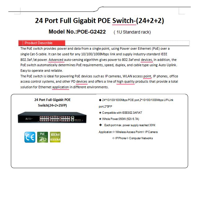 350W 24-Port Gigabit PoE Switch with Uplink & SFP | POE-G2422