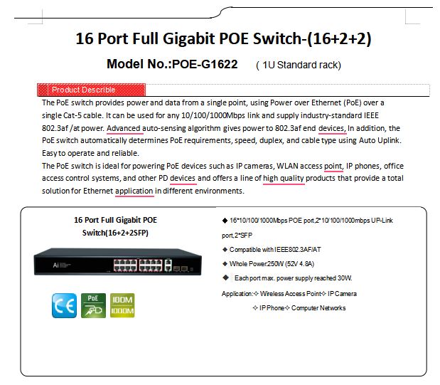 250W 16-Port Gigabit PoE Switch with Uplink & SFP | POE-G1622