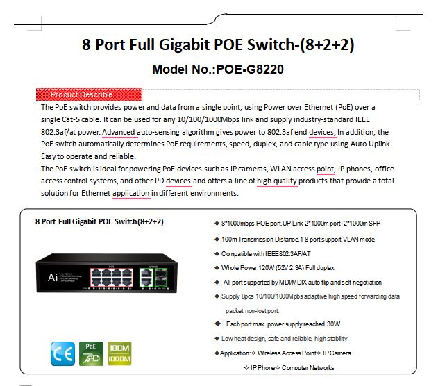120W 8-Port Gigabit PoE Switch with Uplink & SFP | POE-G8220