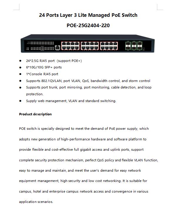 24-Port 2.5G PoE Switch with 6× 10G SFP | POE-25G2404-220(220V)