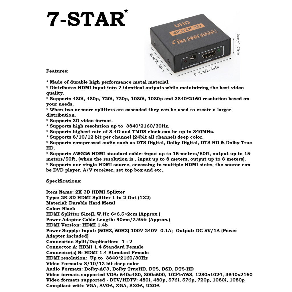 4K 1x2 HDMI Splitter/Distributor 1 Input 2 Output | HM102