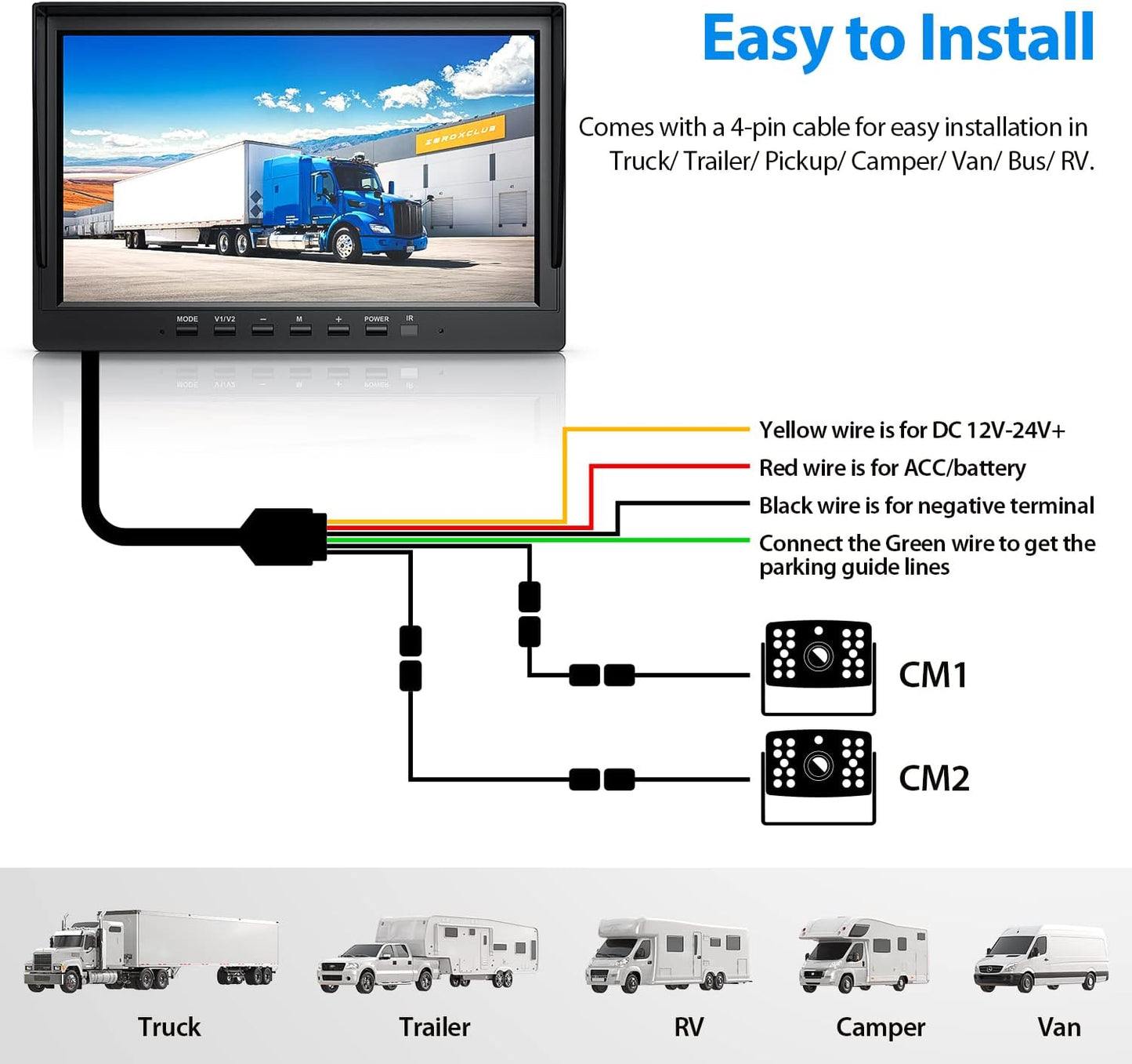 10'' FHD 1080P Monitor with 4-Pin Aviation Port | 12β24V | Live View | LED102HDL-AH