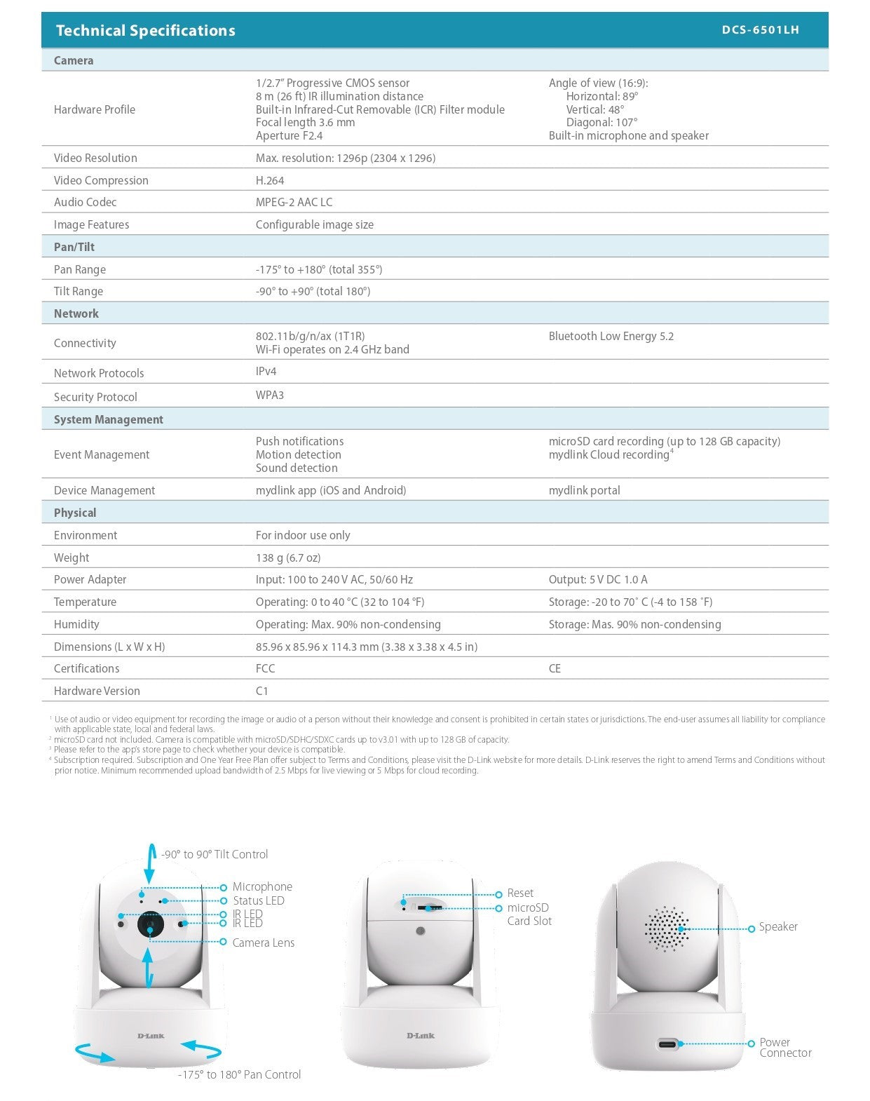 D-link 3MP 2K QHD Pan & Tilt PTZ Wi-Fi Security IP Camera | DL-DCS-6501LHW