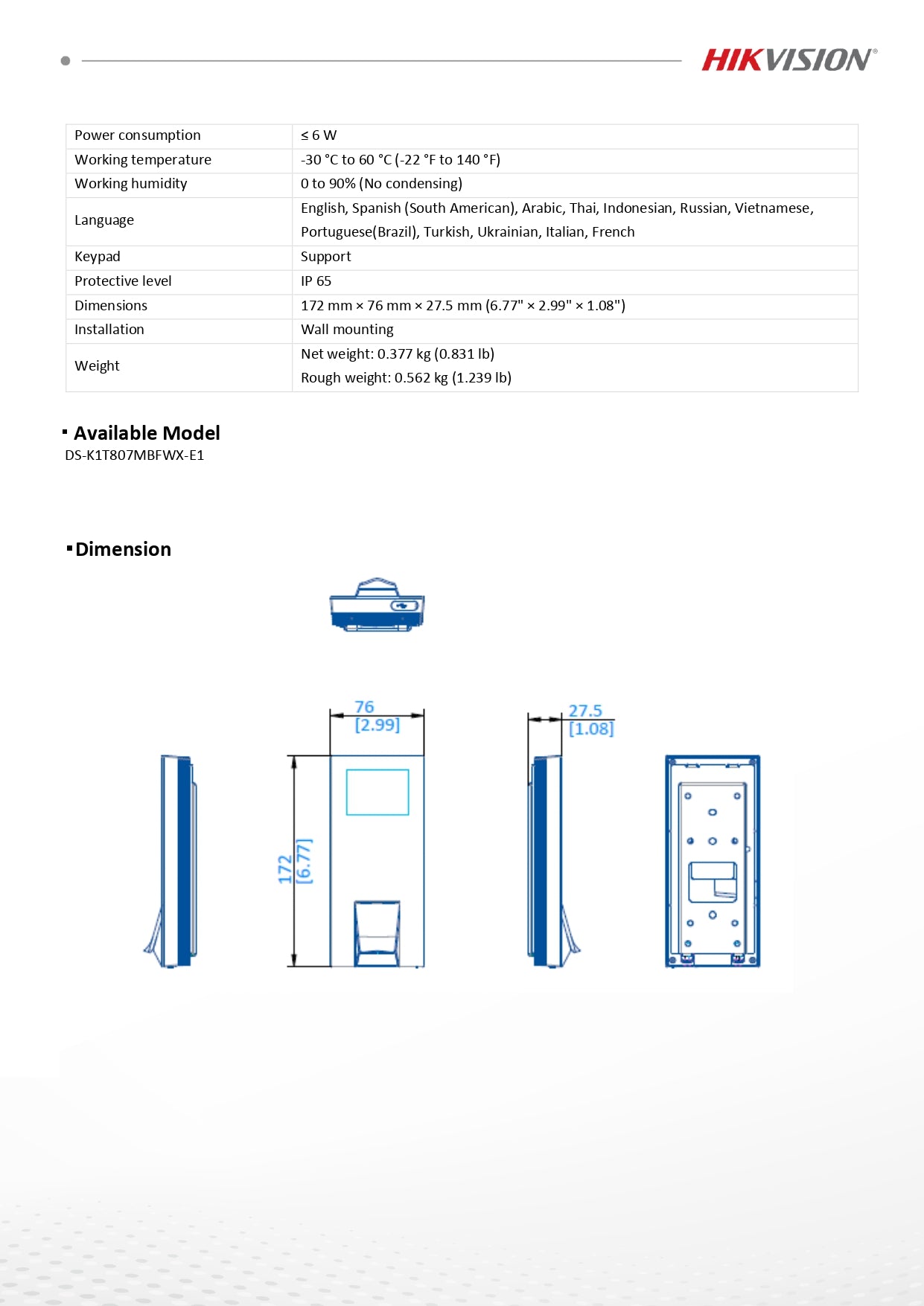 Hikvision DS-K1T807MBFWX-E1 Fingerprint, M1 card, PIN Value Fingerprint Terminal