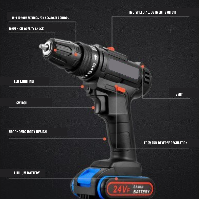 12V Double Speed Cordless Drill | 24VF lithium battery Box Set | 7STS-DC24VF
