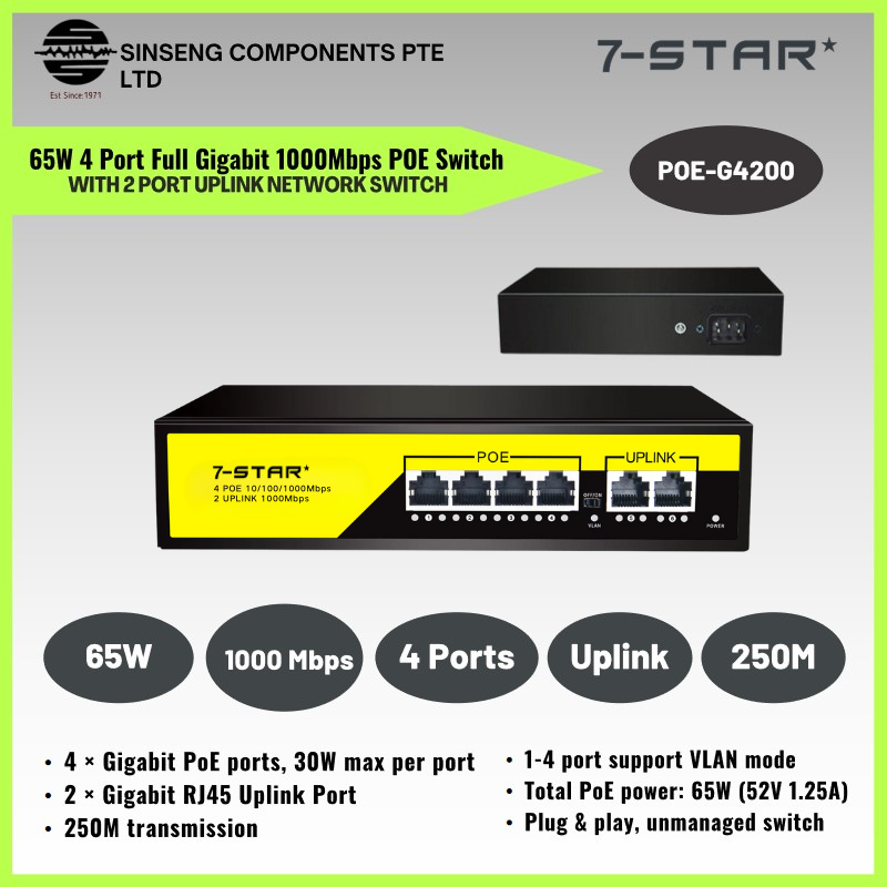 65W Full Gigabit 4 Port 1000Mbps PoE Switch with 4 PoE Ports - 2 Uplink Port | POE-G4200