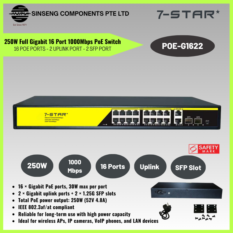 250W 16-Port Gigabit PoE Switch with Uplink & SFP | POE-G1622