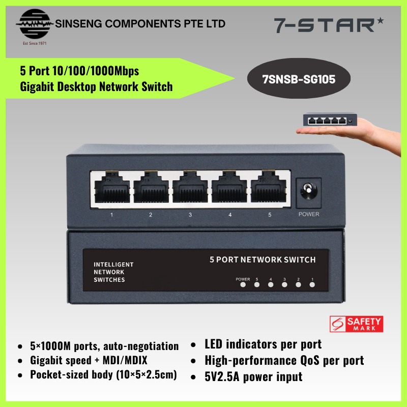 5 Port 10/100/1000Mbps Metal Gigabit Desktop Network Switch | 7SNSB-SG105
