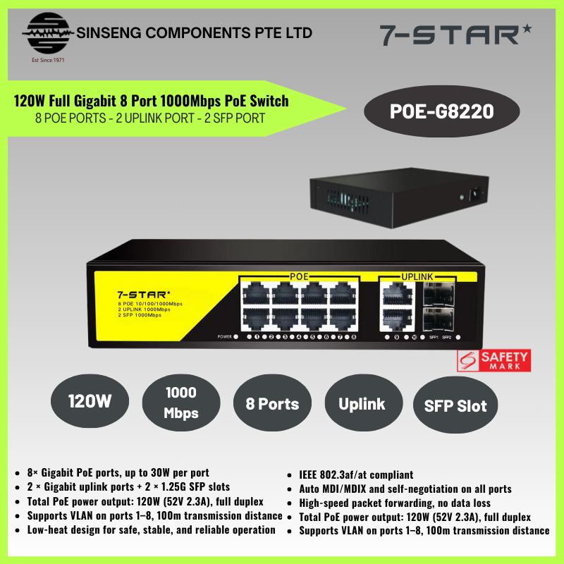 120W 8-Port Gigabit PoE Switch with Uplink & SFP | POE-G8220