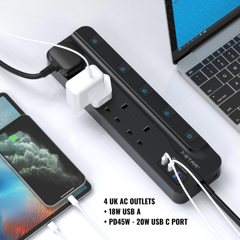 4 Way Extension Socket | 18W USB A + PD45W - 20W USB Type-C | 3M Cable | Safety Mark | Black