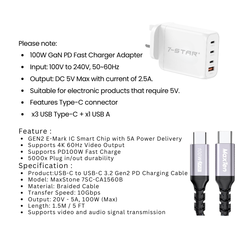 100W GaN PD Charger|3x Type-C & 1x USB-A + 1.5M Cable | 7SPD-63W-CA1560B