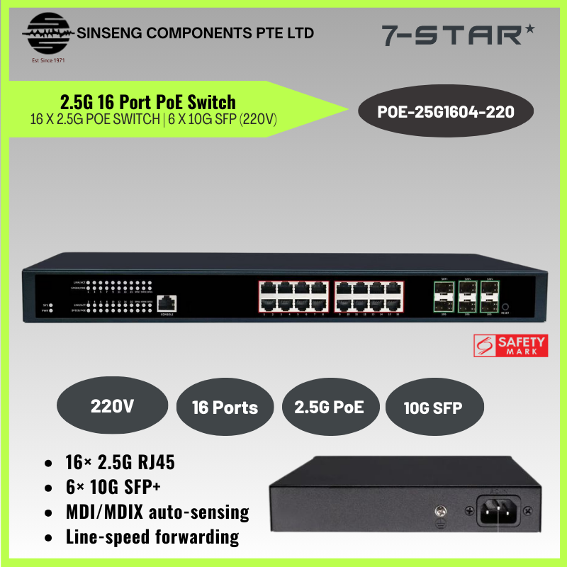 16-Port 2.5G PoE Switch with 6× 10G SFP | POE-25G1604-220 (220V)