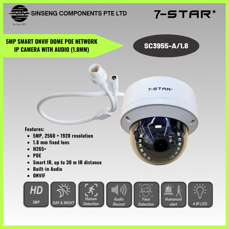5MP Smart Onvif Dome PoE IP Camera with Audio (1.8mm) | SC3955-A/1.8