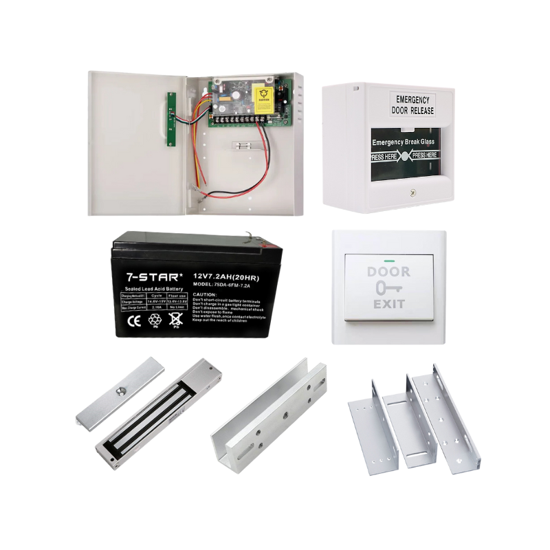 Door Access Full Set - 5A UPS Power Supply, 12V 7AH Battery, EM Lock, Breakglass, Exit Button & Brackets
