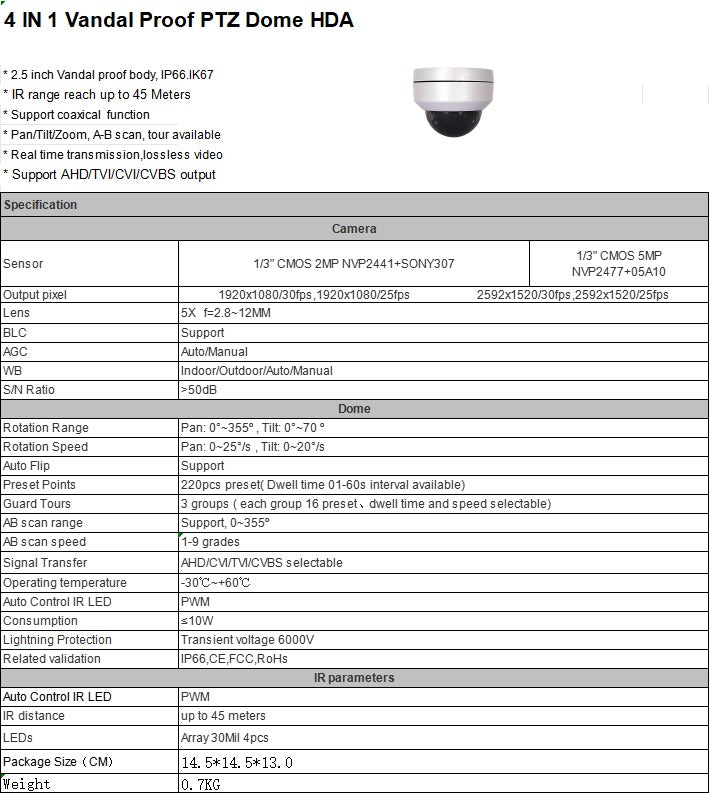 2MP/5MP PTZ Mini Dome Camera | AHD/TVI/CVI/CVBS | IP66 | 2.8mm | PTZ202A5/PTZ505A5