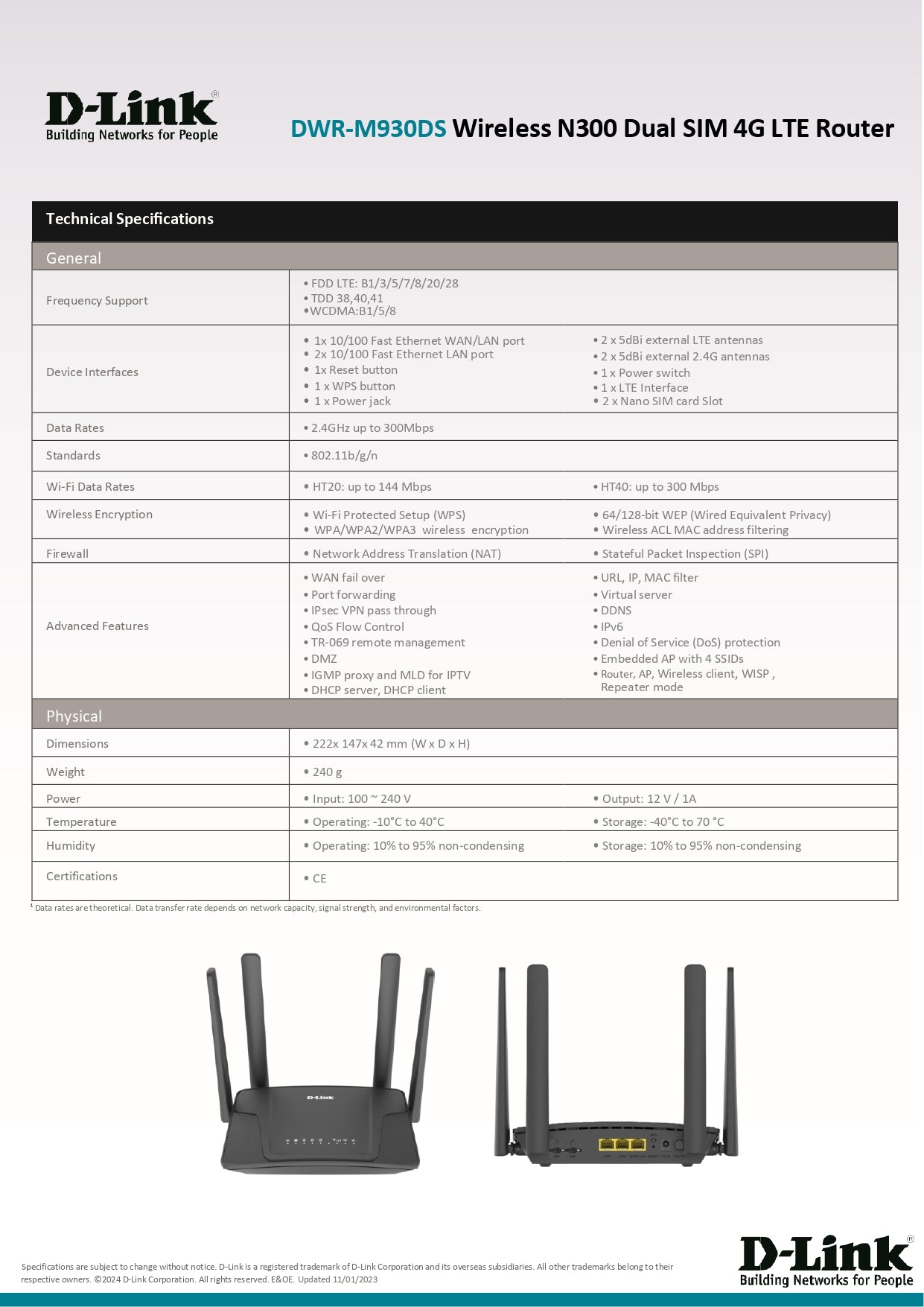 D-Link N300mbps 4G LTE Wireless Wifi Dual Sim Card Router | DL-DWR-M930DS