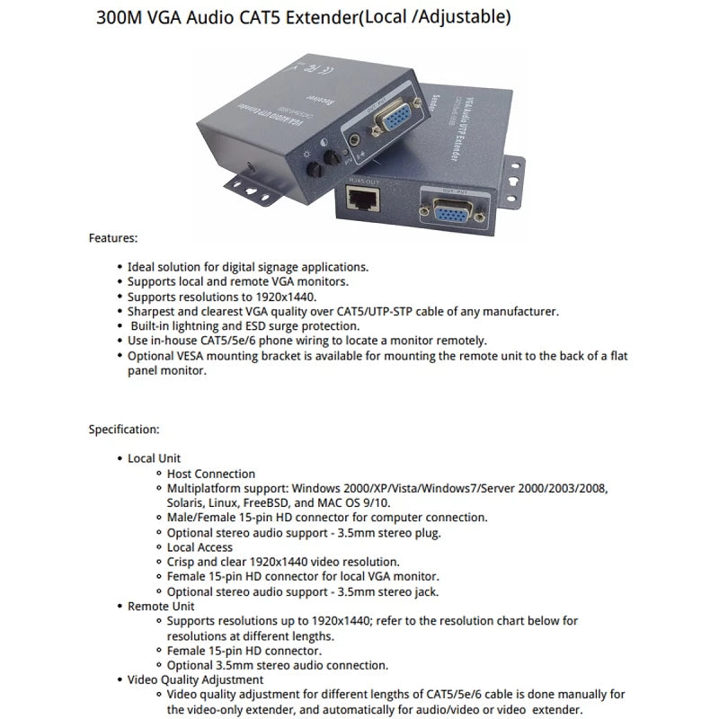 300M VGA Extender with Audio | 1x1 Splitter Sender | VE02-2