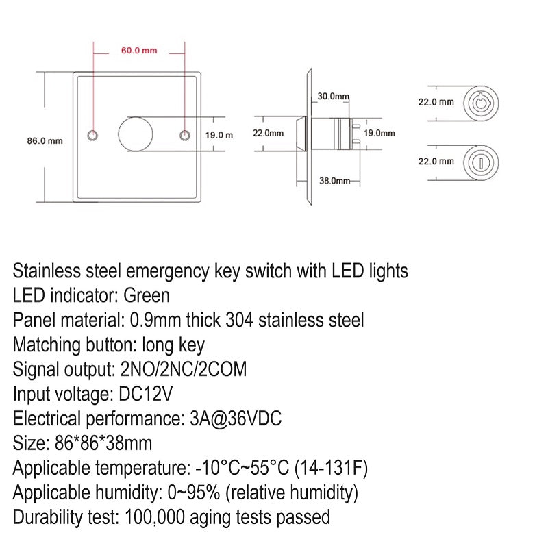 Bypass Key Switch with LED for Door Access | KEY SWITCH-LED