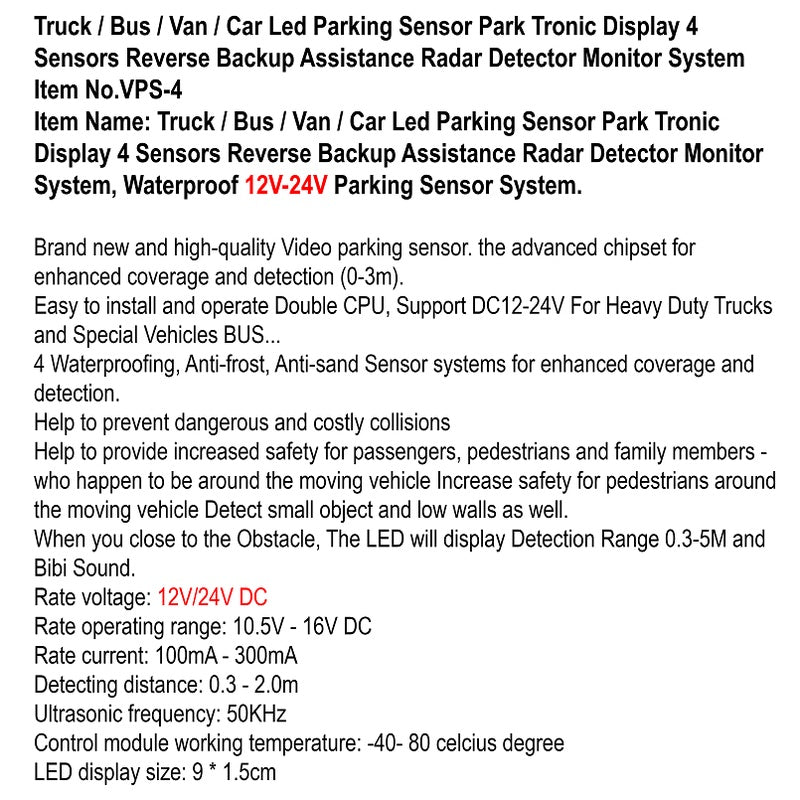 4PCS DC12-24V Reverse Sensor System with LED Display & Warning | VPS-4