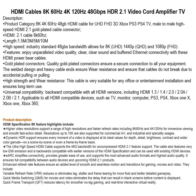 8K HDMI Cable 7680x4320P 8K@120Hz, HDMI 2.1, 48Gbps, 3D HDR for PS4, HDTV | B-HDMI/8K