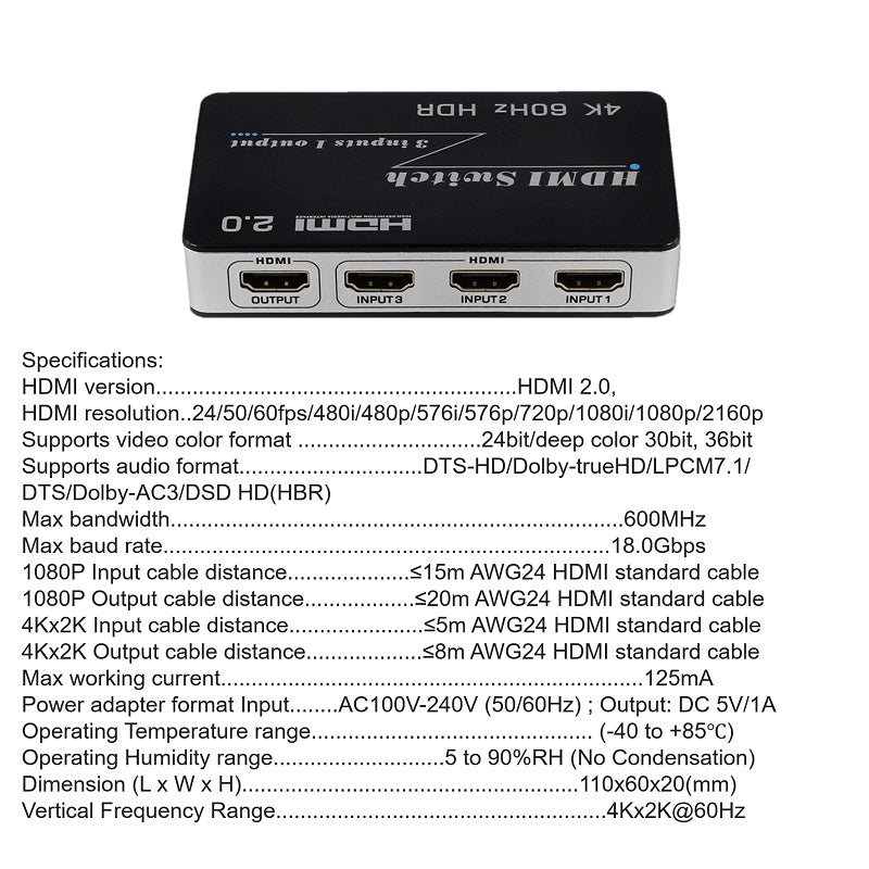 3x1 HDMI Switch 4K | 3-Port HDMI Switcher with Remote Control | HS31-4K