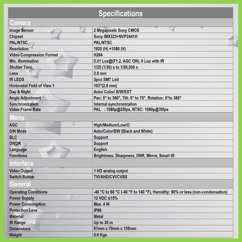 1080P 2.8mm SONY Lens Outdoor Bullet Camera - AHD CVI TVI CVBS Hybrid 4-in-1 | SH106/2.8