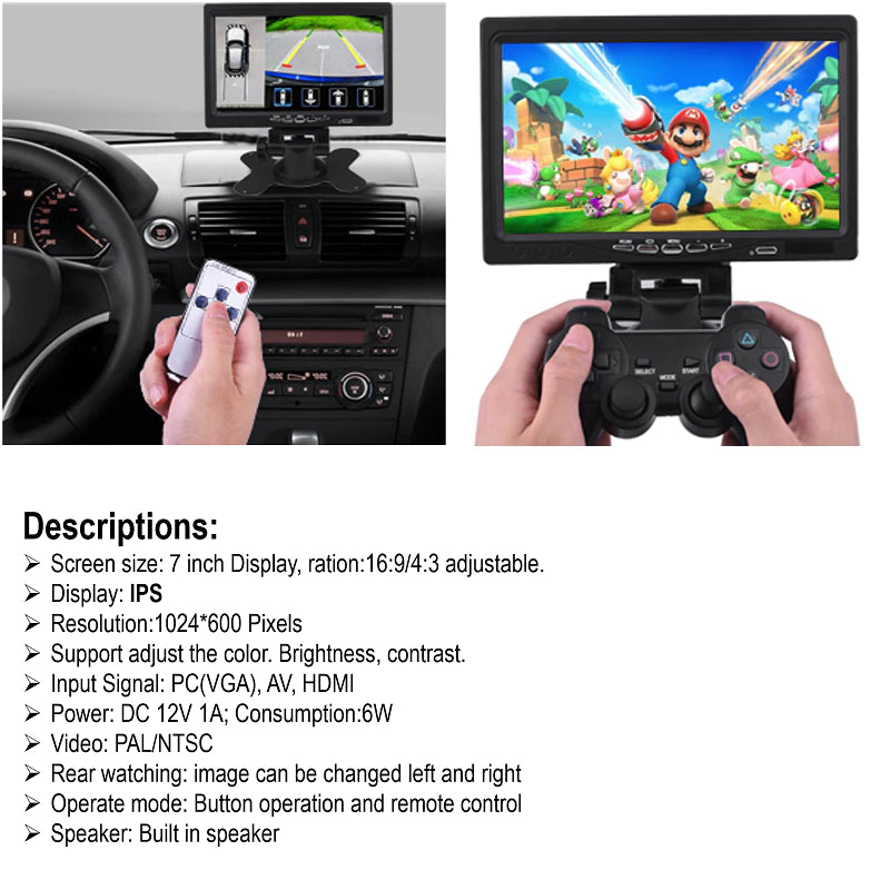 7" IPS LED Monitor (HDMI+VGA+RCA+Speaker+Remote) | DC9–36V | LED1007