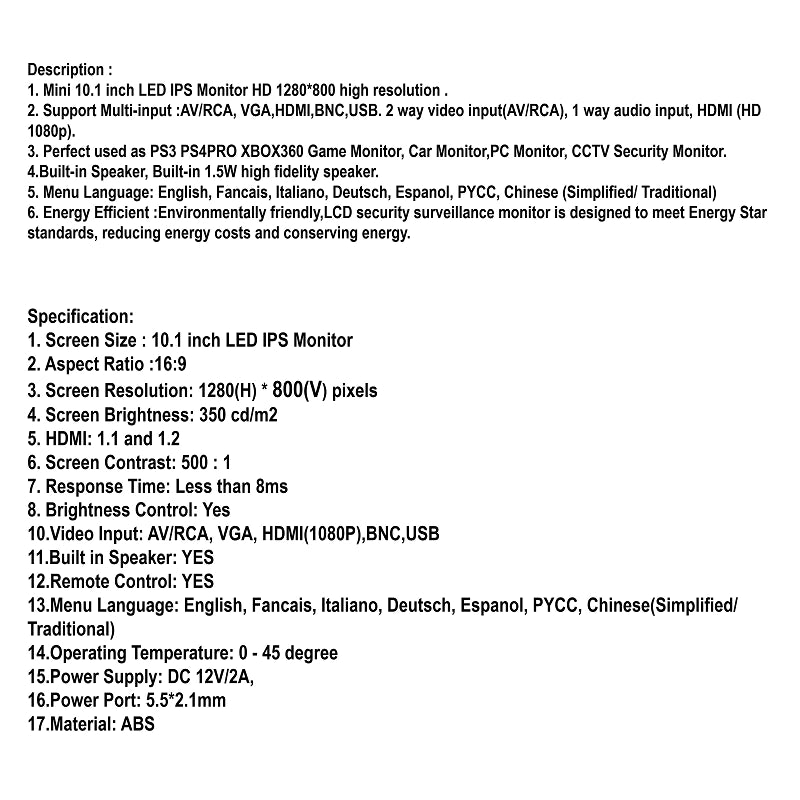 10" IPS LED Monitor (HDMI/VGA/RCA/BNC/USB/Speaker + Remote) | LED1010