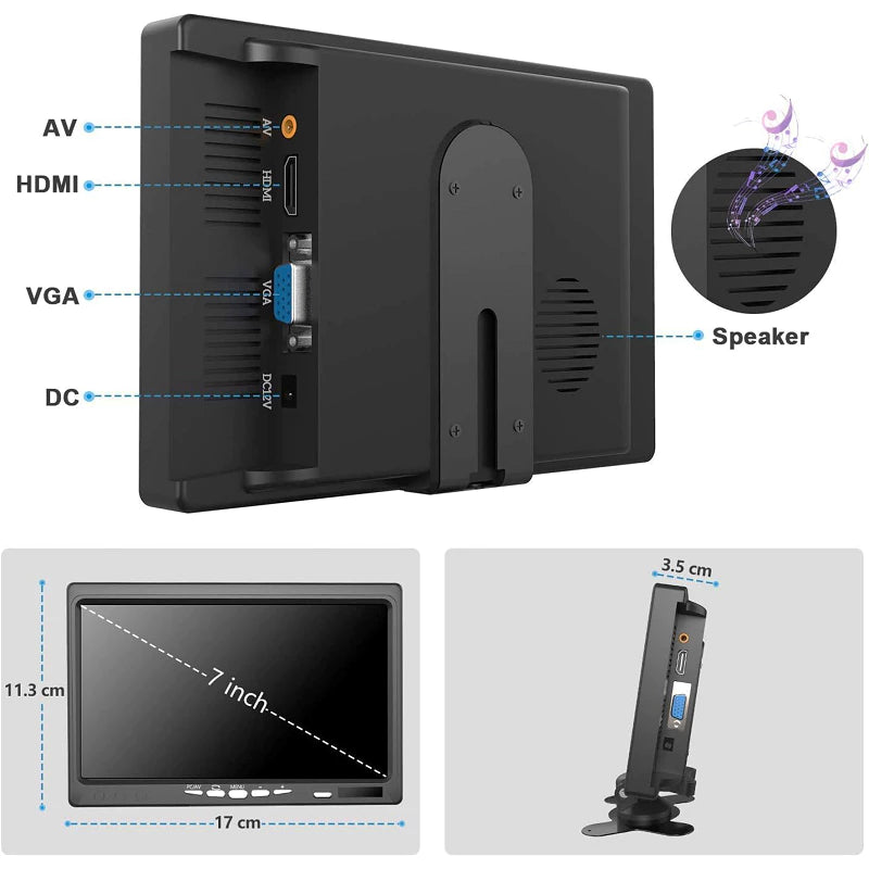 7" IPS LED Monitor (HDMI+VGA+RCA+Speaker+Remote) | DC9–36V | LED1007