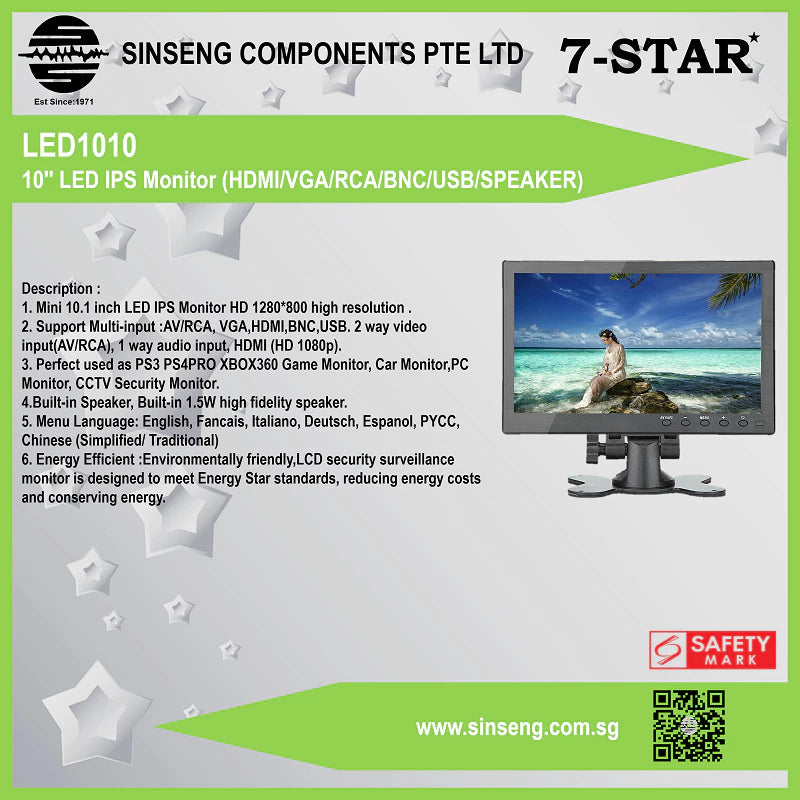 10" IPS LED Monitor (HDMI/VGA/RCA/BNC/USB/Speaker + Remote) | LED1010