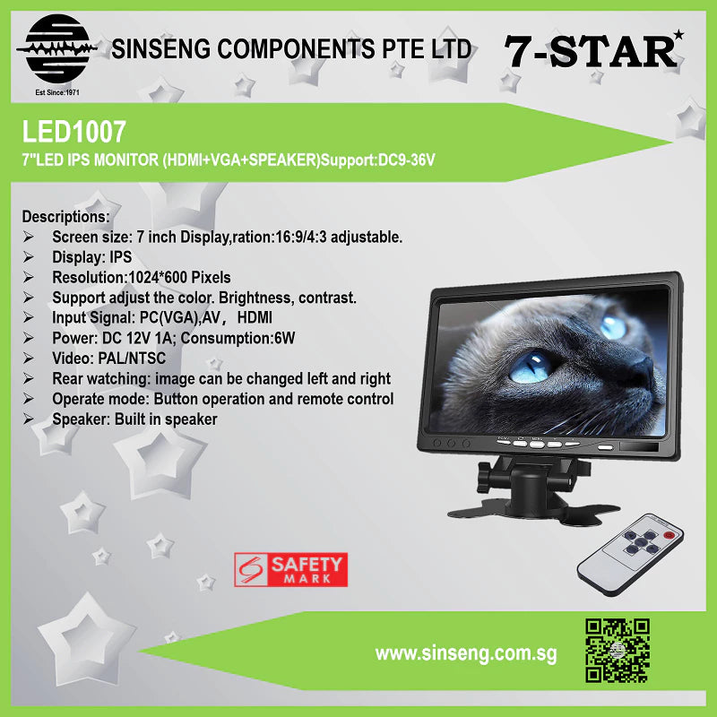 7" IPS LED Monitor (HDMI+VGA+RCA+Speaker+Remote) | DC9–36V | LED1007