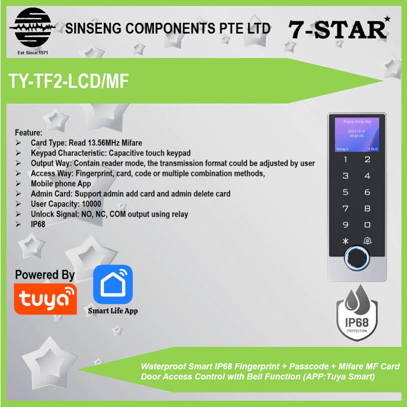 Tuya IP68 Fingerprint + Passcode + Mifare Access Control | TY-TF2-LCD/MF