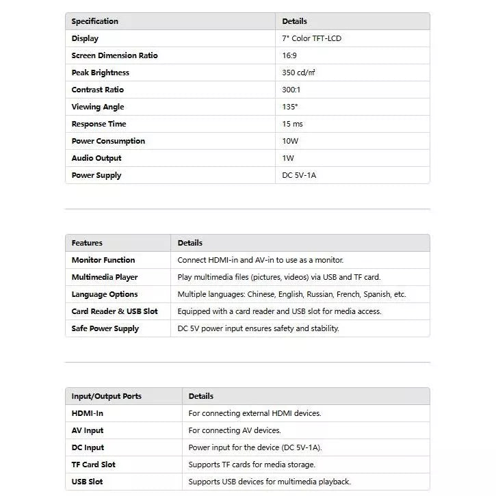 7 Inch LED Monitor HDMI | USB | TF CARD | AV | SPEAKER | LED-P700