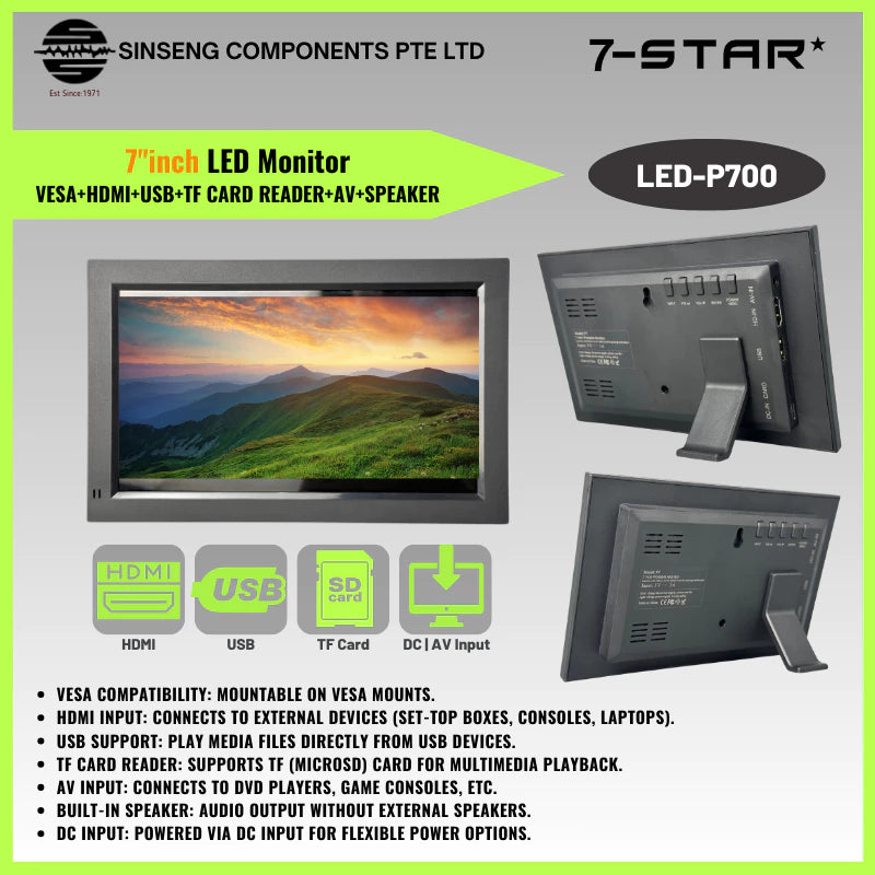 7 Inch LED Monitor HDMI | USB | TF CARD | AV | SPEAKER | LED-P700