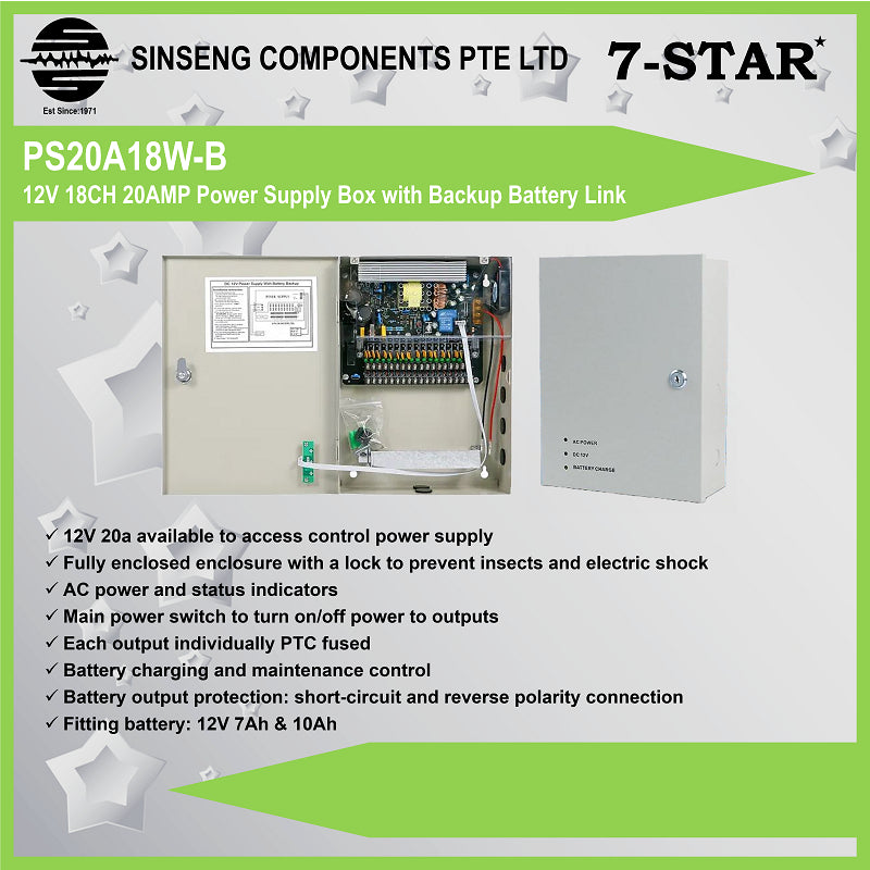 12V 18CH 20AMP CCTV Power Supply Box with UPS Backup | PS20A18W-B