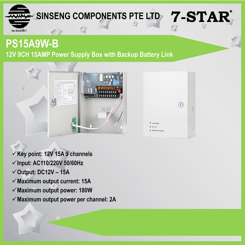 12V 9CH 15AMP CCTV Power Supply Box with UPS Backup | PS15A9W-B