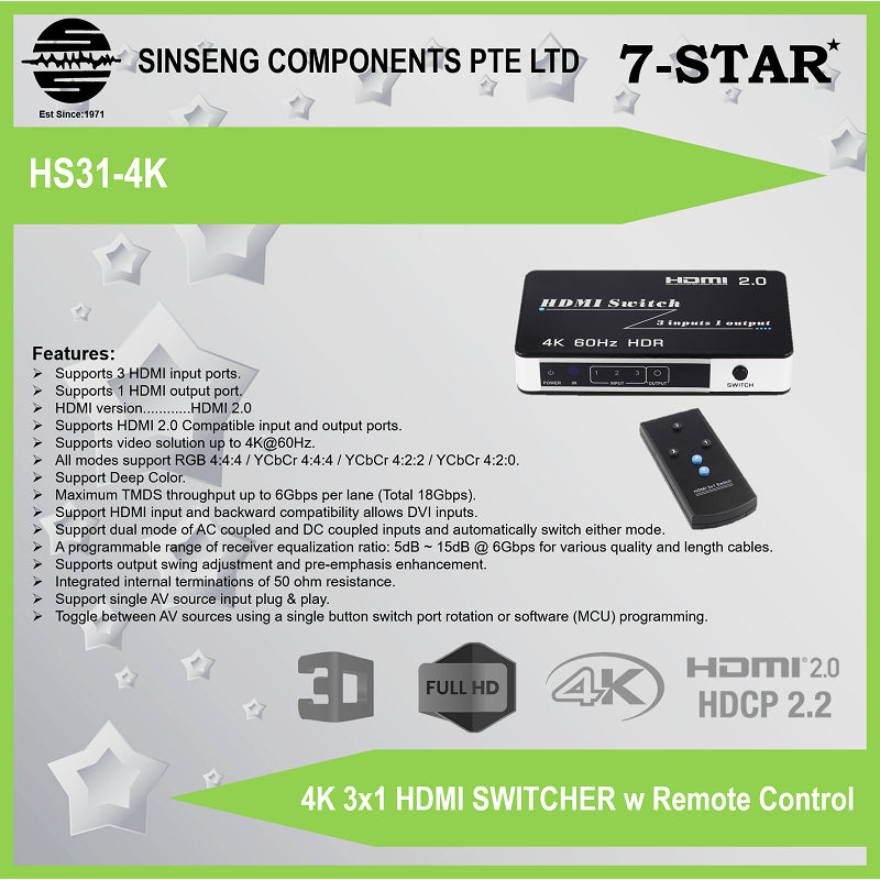 3x1 HDMI Switch 4K | 3-Port HDMI Switcher with Remote Control | HS31-4K
