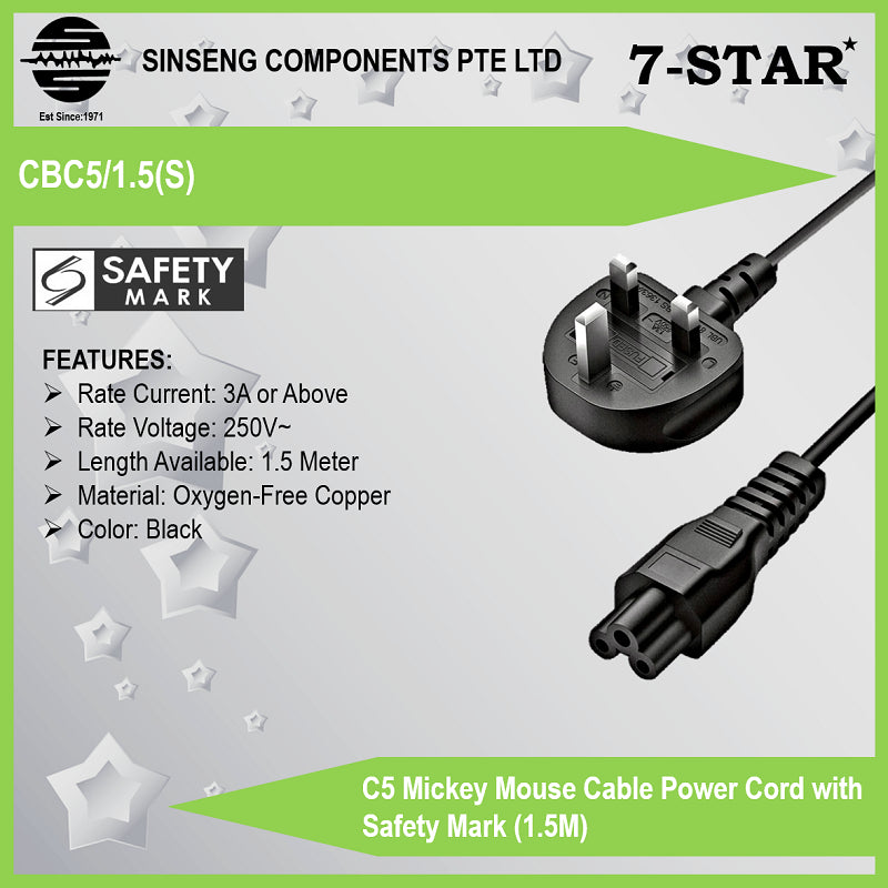 C5 Mickey Mouse Power Cord (1.5M) with Safety Certification | CBC5/1.5(S)