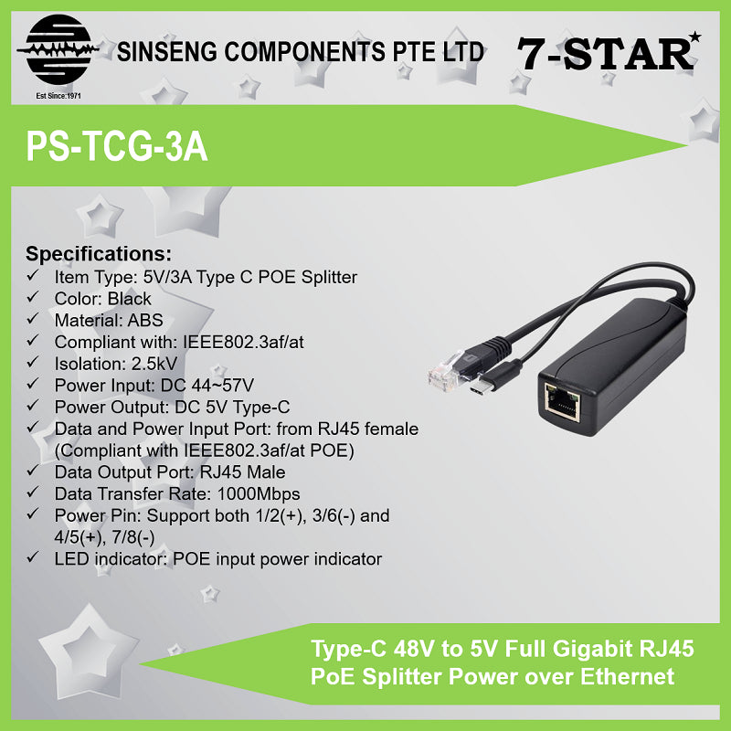 Type-C 48V to 5V Gigabit RJ45 PoE Splitter | PS-TCG-3A
