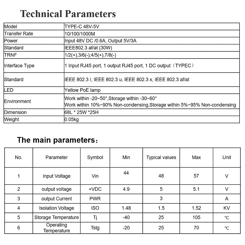 Type-C 48V to 5V Gigabit RJ45 PoE Splitter | PS-TCG-3A