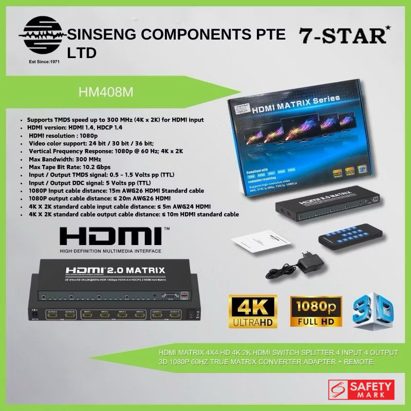 4K 3D HDMI 4x4 True Matrix Optical Digital Audio HDMI Switch | HM408M