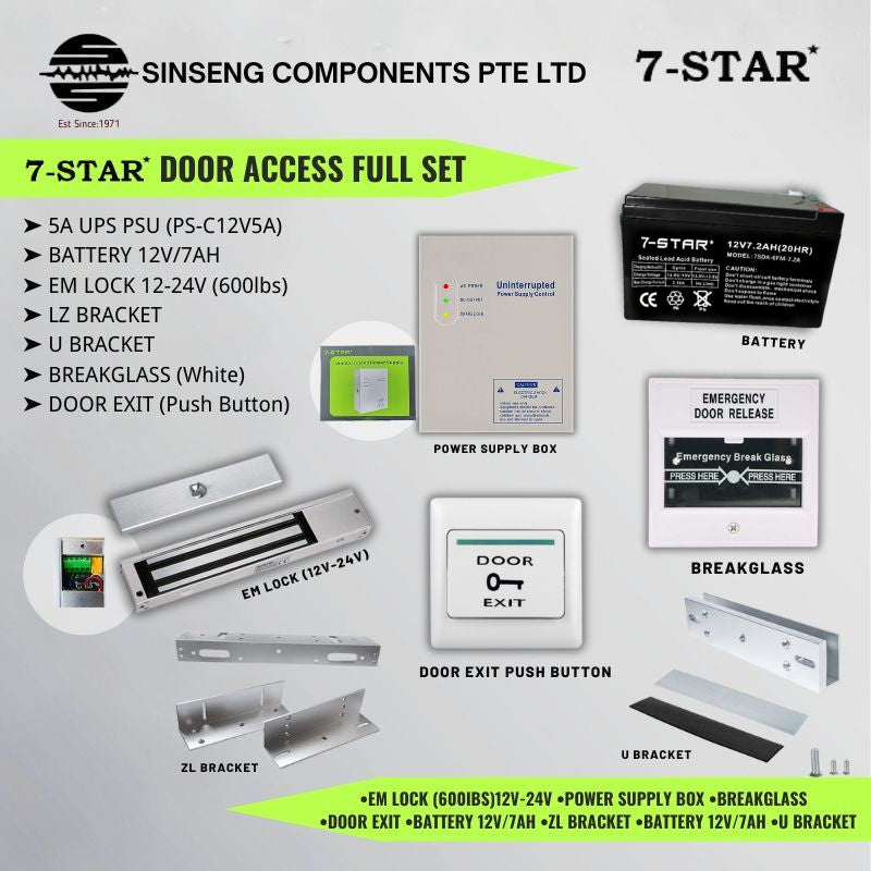 Door Access Full Set - 5A UPS Power Supply, 12V 7AH Battery, EM Lock, Breakglass, Exit Button & Brackets
