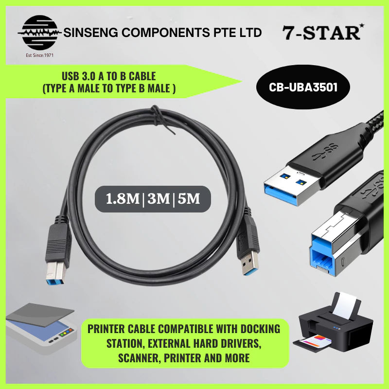 USB 3.0 A to B Cable 1.8m - 3m - 5m | 5Gbps USB 3.0 High - Speed Printer - Scanner Cable | CB-UBA3501